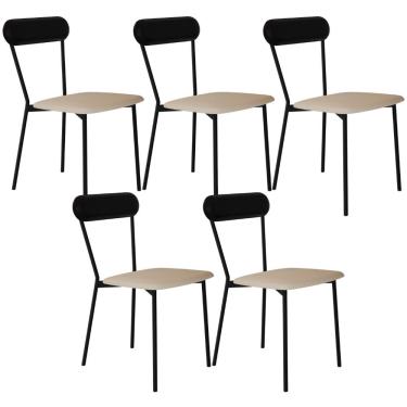 Imagem de Kit 05 Cadeiras Estofada Para Sala de Jantar Liora Preto C01 Linho Areia Courino Preto - Lyam Decor