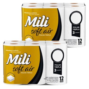 Imagem de Papel Higiênico Folha Tripla - 2 fardos c/ 12 rolos de 20m x10cm - Mili Soft Air (Total 24 rolos)