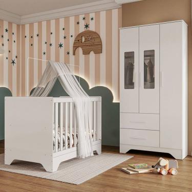 Imagem de Quarto de Bebê Completo Sasha 100% Mdf 3 Portas 2 Gavetas Branco Brilho - Pnr Móveis