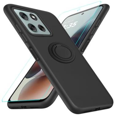 Imagem de Capa de telefone compatível com Motorola Moto G56 com protetor de tela de vidro temperado, suporte de anel giratório de 360° com suporte/suporte de silicone TPU à prova de choque capa protetora para