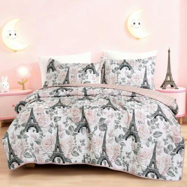 Imagem de MarCielo Conjunto de colcha infantil leve com fronhas, Torre Eiffel de Paris e roupa de cama floral rosa