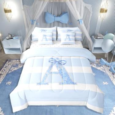 Imagem de Erosebridal Jogo de cama casal com laço azul, 7 peças, letra A e laço com glitter, para decoração de quarto de crianças, mulheres, monograma, listras, cama em uma bolsa