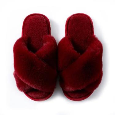 Imagem de Pantufas femininas fofas com faixa cruzada com espuma viscoelástica felpuda para quarto, bico aberto, confortável para uso interno e externo, Vermelho, 9-10