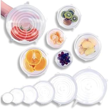 Imagem de Kit com 6 Tampas de Silicone Reutilizáveis | Vedação Hermética | Livre de BPA | Tampa Universal para Potes, Frutas e Recipientes | Silicone Flexível Transparente - Cor Sortida