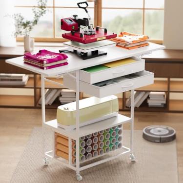 Imagem de VENNQD Suporte de mesa dobrável para prensa térmica, carrinho móvel para máquina de transferência de calor com 2 gavetas de armazenamento, compatível com suporte de rolo de vinil Cricut, bancada de