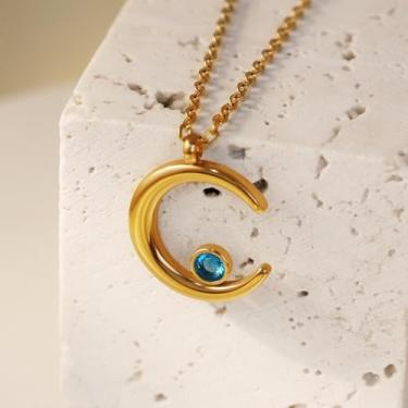 Imagem de Colar de ouro feminino com pedra do mês de nascimento e lua corrente de aço inoxidável, one size, Aço inoxidável, Sem Pedra Preciosa