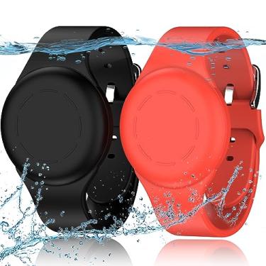 Imagem de Pulseiras de AirTag à prova d'água [2 unidades] compatíveis com Apple Air Tag Finders com silicone macio, capa para localizadores de itens GPS antiperda, preto/vermelho