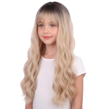 Imagem de WAVELNM Peruca infantil loira ombré com franja, preto a loiro, peruca longa, ondulada, raiz escura, para meninas, perucas sintéticas para uso diário, festa de Halloween, cosplay