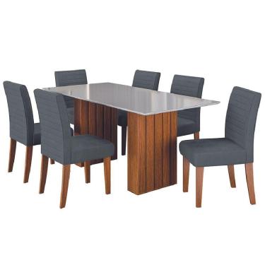 Imagem de Conjunto De Mesa Sala De Jantar Ripada Tampo Com Vidro Santiago 1,80m 6 Cadeiras Creta Dobuê Madeirado/grafite