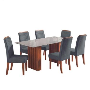 Imagem de Conjunto De Mesa Sala De Jantar Ripada Tampo Com Vidro Santiago 1,80m 6 Cadeiras Grécia Dobuê Madeirado/Grafite