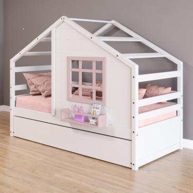 Imagem de Bicama Casinha Com Janela Madeira Maciça Branco- Rosa Housin