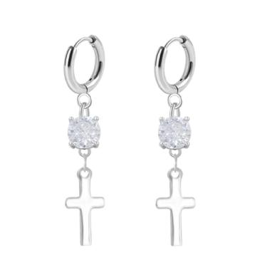 Imagem de Niaspi Brincos de argola de cristal para mulheres, aço inoxidável, strass, minimalista, cruz, argolas penduradas, brincos de berloque, joias modernas, Small, Aço inoxidável Cristal, Sem pedra preciosa