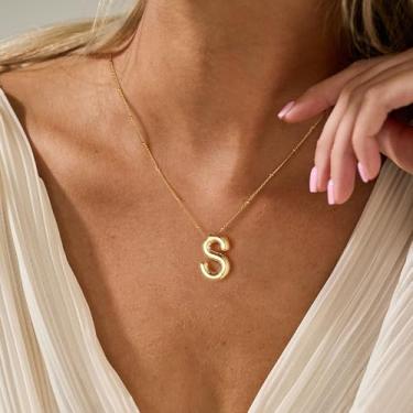 Imagem de Colar feminino banhado a ouro 14K moderno - pingente de bolhas com letra grossa com pingente de letra A-Z, pingente delicado, à prova d'água, joias personalizadas para presentes de aniversário, 16"+2