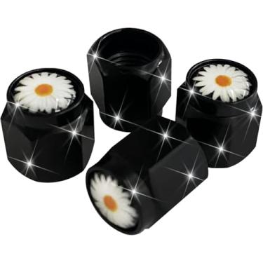 Imagem de 4 peças de tampas de haste de válvula de pneu margarida flor, tampa de válvula de ar preta de metal, tampas de haste de roda de carro de alumínio, capas de haste universais para carros, caminhões