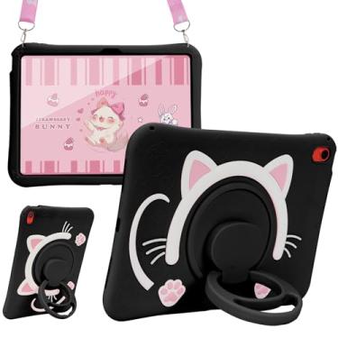 Imagem de Carechoi Capa infantil para Samsung Galaxy Tab A9+/A9 Plus 27.9 cm 2023 (SM-X210/X216/X218), capa de silicone preta 3D Cat com suporte 360 e alça ajustável para meninas