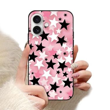 Imagem de Vulfwela Capa de telefone para iPhone 16 de 6,1 polegadas com estampa de estrelas pretas e rosas, capa de telefone com padrão de estrela Y2K para idosos, antiarranhões, antiderrapante, à prova de