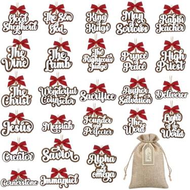 Imagem de Yalikop 27 peças de enfeites de Natal com nomes de Jesus de madeira, ornamentos religiosos de calendário do advento com nomes de salvador com saco de serapilheira para árvore de Natal, igreja, feriado