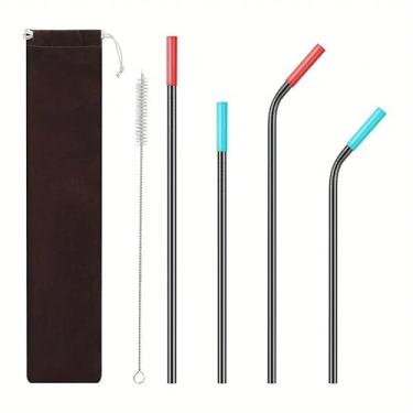 Imagem de 4 canudos de metal reutilizáveis com pontas de silicone, canudos de aço inoxidável 304, grau alimentício, vêm com 1 escova de limpeza e 1 saco Storge