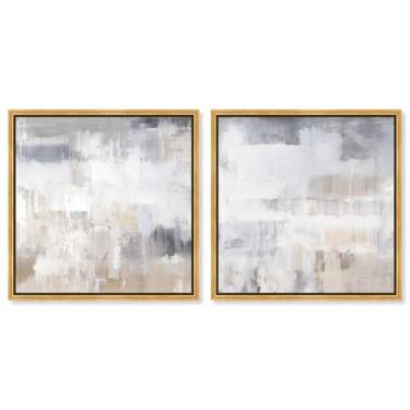 Imagem de Conjunto minimalista de luxo neutro com 2 painéis, arte de parede abstrata da Art Remedy, moldura dourada, 76 x 76 cm