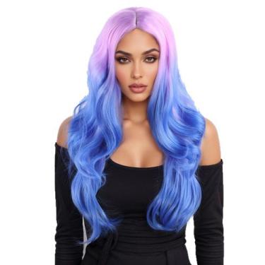Imagem de Peruca de cabelo sintético Ombre rosa a azul com 60 cm de comprimento 