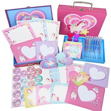 Imagem de Conjunto de artigos de papelaria de unicórnio com 98 peças, presentes para meninas de 6, 7, 8, 9, 10 anos, conjunto de artigos de papelaria para crianças, kit de arte para escrever letras, brinquedos