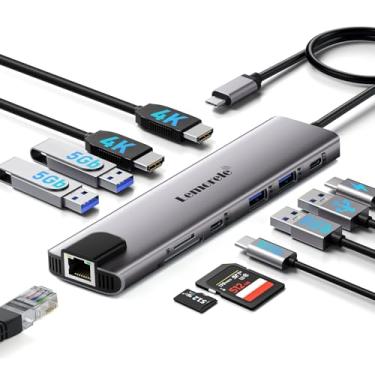 Imagem de Estação de ancoragem de alumínio USB-C Hub com 2 HDMI, Gigabit Ethernet, 4 USB A, USB-C 3.0, PD 100W, SD/TF, 1000Mbps RJ45 LAN Dock Adapter para MacBook Docking Station, Laptop, suporta 2 monitores