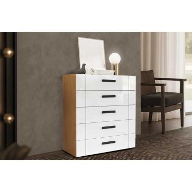 Imagem de Cômoda Juvenil Lisboa 5 Gavetas MDF Fosco com Puxador Plástico Freijo Branco para Quarto