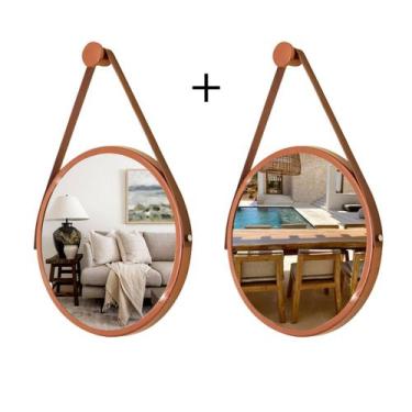 Imagem de Kit 2 Espelhos Redondo Decorativo Suspenso Alça 40cm + Suporte Cobre A