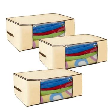 Imagem de Caixa Organizadora de guarda roupa/Edredom/lençol/sapatos/coberta 45x45x20cm (Kit com 3 Creme)