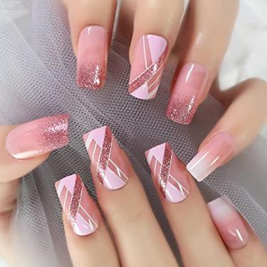 Imagem de 24 peças de unhas postiças curtas médias quadradas de Natal rosa glitter ombré acrílico francês cobertura completa cola em unhas para mulheres, decoração de unhas reutilizáveis, manicure