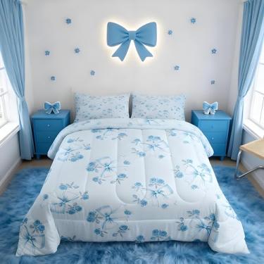 Imagem de Feelyou Conjunto de edredom infantil com laço de flor azul, fofo, floral, laço de princesa, edredom para decoração de quarto de crianças, meninos, meninas, microfibra, ultramacia e respirável