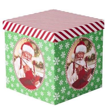 Imagem de RUSPEPA Caixa de presente de Natal com tampa, design clássico vintage de pintura de Papai Noel, caixa de presente de Natal média dobrável com fita, papel de seda para embrulho de presente