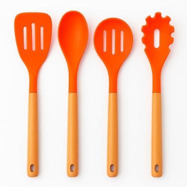 Imagem de Kit UtensíLios de Cozinha Silicone，Colher de Pau，Multicolorido，Panela Antiaderente，Adequado para Fazer Massas(Laranja)