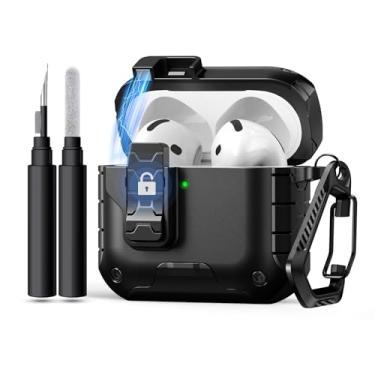 Imagem de DGege Capa magnética para AirPods 4 com suporte de telefone e kit de limpeza com trava segura, compatível com Apple AirPods 4ª geração, trava magnética automática, forte proteção contra quedas Magsafe