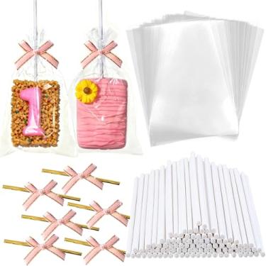 Imagem de 100 conjuntos de sacos de guloseimas crocantes de arroz 10 x 15 cm com palitos e laços de laços, sacos de guloseimas de arroz celofane transparente embrulhados individualmente para bolos, embalagens