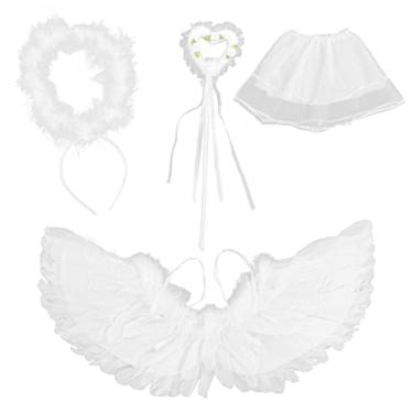 Imagem de ZJchao Conjunto de Fantasia de Asa de Anjo, Asas de Penas Brancas, Argola de Cabelo, Acessórios para Festas de Natal, Halloween, Apresentações de Palco, Sessões (Conjunto de quatro peças de anjo trompete)