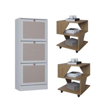 Imagem de Kit Sapateira Spin Tropical 3 Portas E 2 Mesas De Cabeceira Carvalho-branco