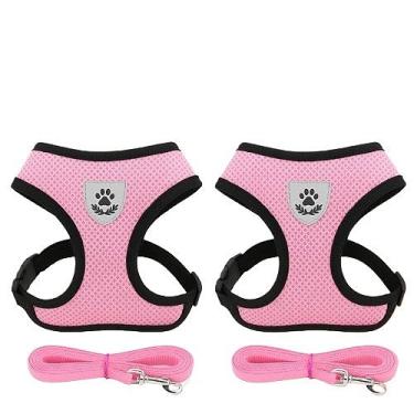 Imagem de Coleira de Malha Flexível com Colete Peitoral Ajustável para Cão Cachorro Gato Animais (2 unidades - Rosa,P)
