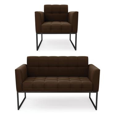 Imagem de Kit 1 Sofá Namoradeira e 1 Poltrona Elisa Suede Marrom Base Metálica Industrial Preto D03 - D'Rossi