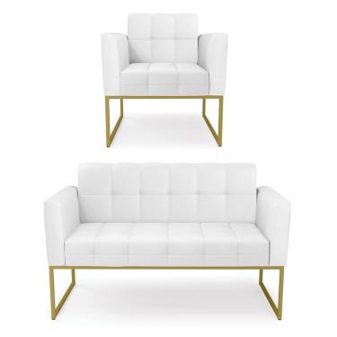 Imagem de Kit 1 Sofá Namoradeira e 1 Poltrona Elisa Corino Branco Base Metálica Industrial Dourado D03 - D'Rossi