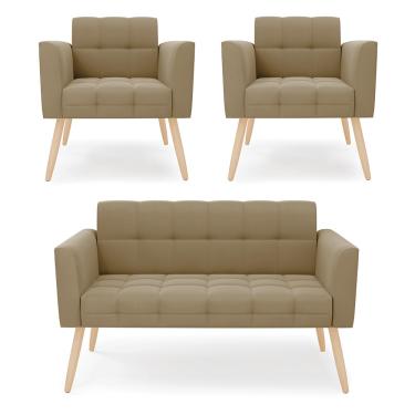 Imagem de Kit 1 Sofá Namoradeira e 2 Poltronas Elisa Suede Marrom Rato Pés Palito Castanho D03 - D'Rossi