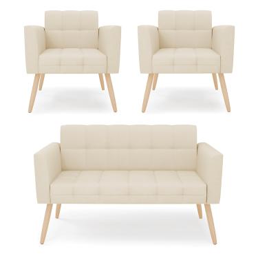 Imagem de Kit 1 Sofá Namoradeira e 2 Poltronas Elisa Linho Bege A19 Pés Palito Natural D03 - D'Rossi