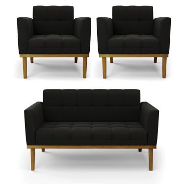 Imagem de Namoradeira com 2 Poltronas Base de Madeira Castanho Elisa Suede Preto D03 - D'Rossi