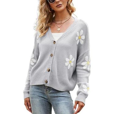 Imagem de Suéter de cardigã LOAIHA Vintage Floral Crop com decote em V feminino