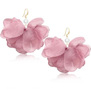 Imagem de unixmoment Brincos femininos com pingente de franja floral de tecido pérola grande boêmio feito à mão, Large, Tecido, Sem pedra preciosa