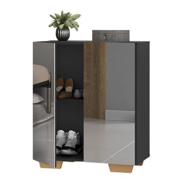 Imagem de Sapateira 2 Portas Com Espelho Nina Multimóveis V6013 Preta/Natural Preto/Natural
