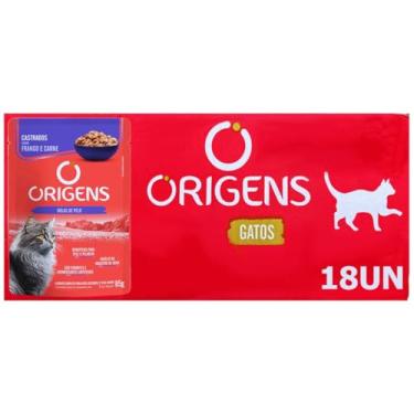 Imagem de Ração Úmida Origens Sachê Gatos Castrados Frango e Carne 85g 18 Unidades