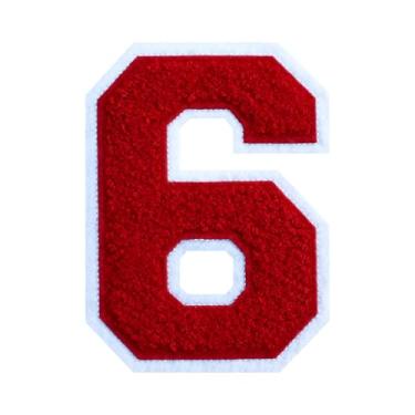 Imagem de 1 peça de patch de número de chenille vermelho de 11,4 cm com borda branca – Remendos do alfabeto para roupas, jaquetas, mochilas, chapéus para decoração personalizada, nome personalizado e artesanato