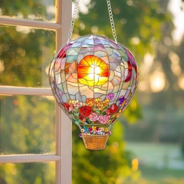 Imagem de Balão de ar quente estilo vitral Suncatcher - 15 cm pendurado em acrílico para janela - balão colorido nascer do sol decoração com cesta floral - ornamento plano 2D presente para amigos e amantes de