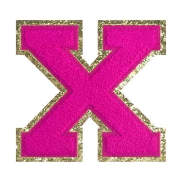 Imagem de 1 PÇ Patch de letra de chenille rosa de 11,4 cm com borda dourada – Remendos do alfabeto para roupas, jaquetas, mochilas, chapéus para decoração personalizada, nome personalizado e artesanato. (X)